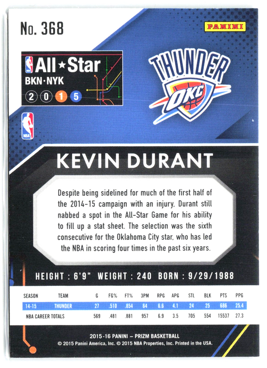 2015‑16 Panini Prizm Kevin Durant #368 Silver Prizm – OKC Thunder NBA Card