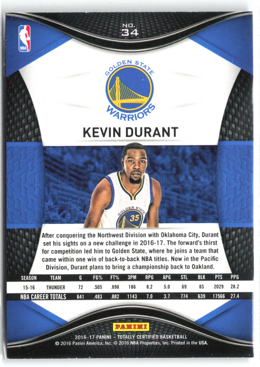 2016-17 Panini Totally Certified Kevin Durant #34 Golden State Warriors Card