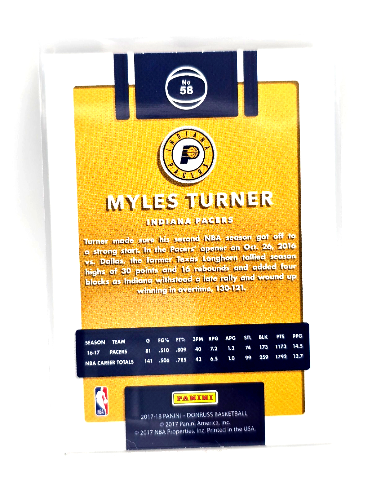 2017โ18 Donruss Myles Turner #58 โ Indiana Pacers NBA Basketball Card