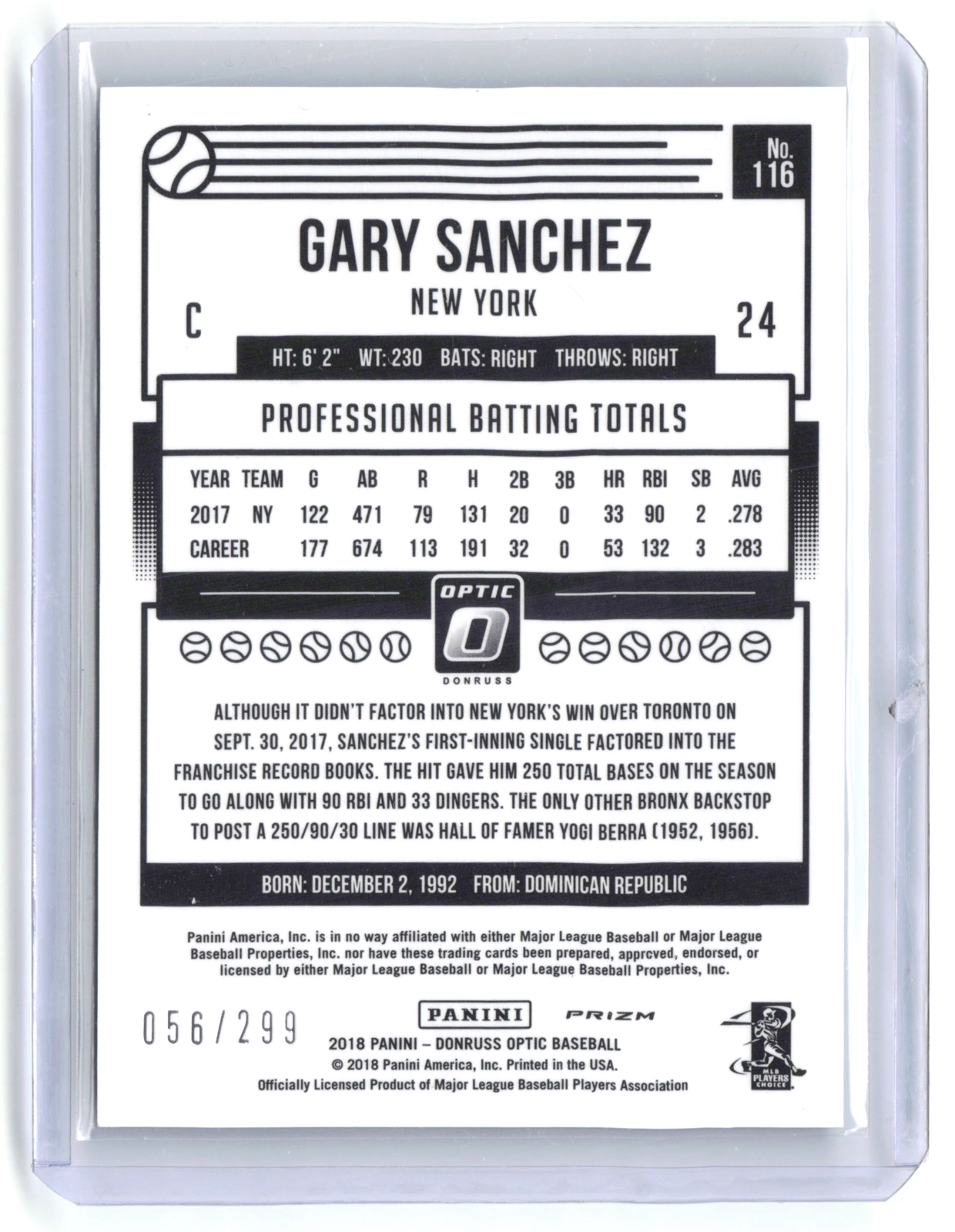 2018 Donruss Optic Gary Sanchez #116 Carolina Blue Prizm /299 Yankees SP