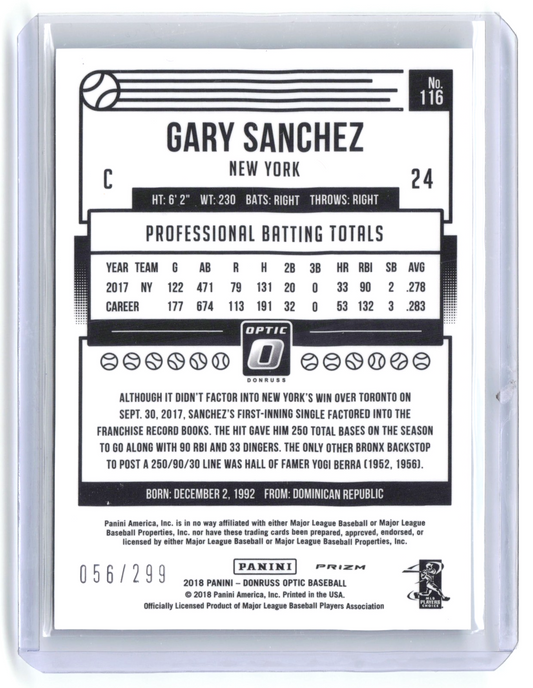 2018 Donruss Optic Gary Sanchez #116 Carolina Blue Prizm /299 Yankees SP