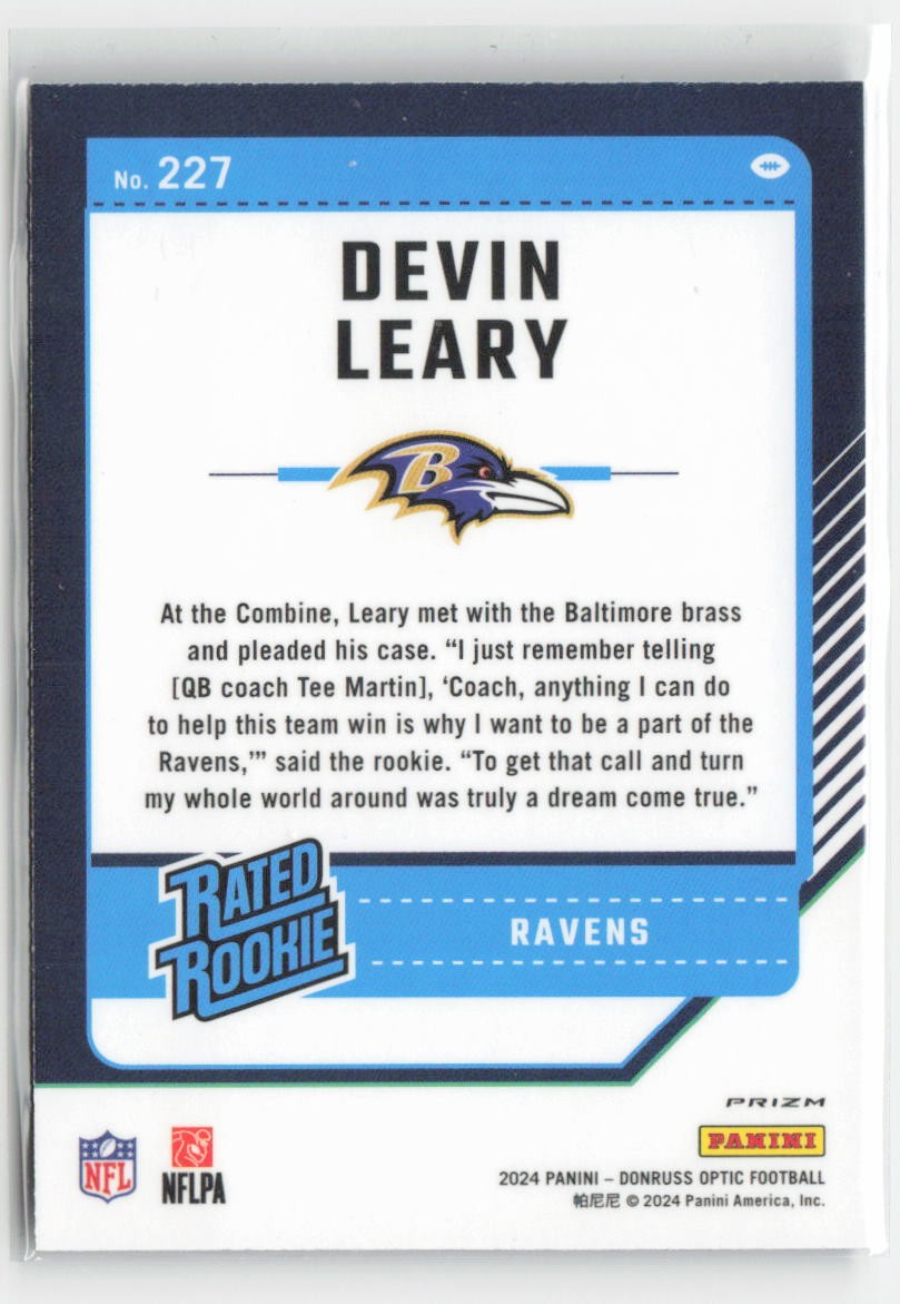 2024 Donruss Optic Devin Leary #227 Purple Shock Baltimore Ravens Football