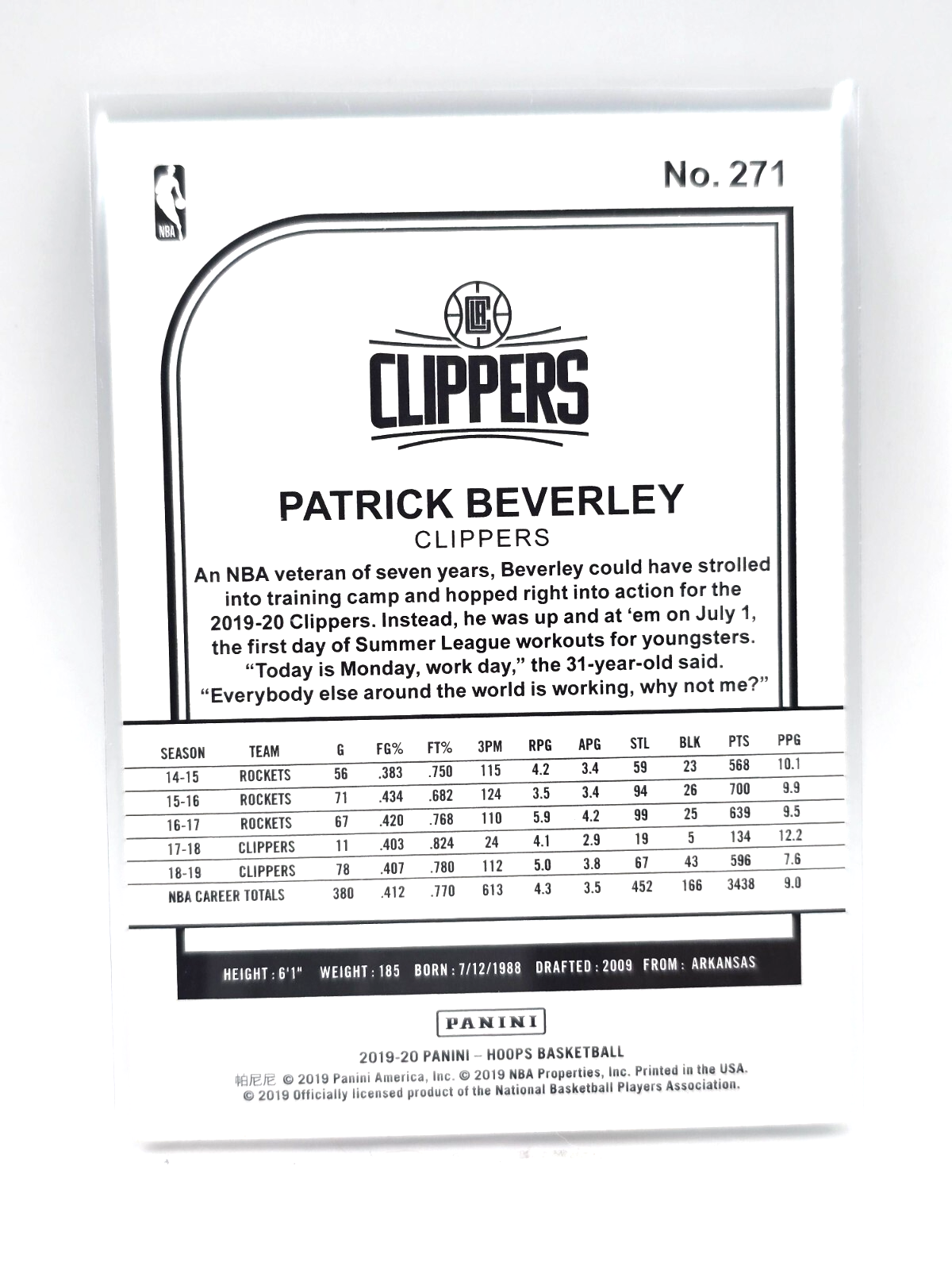 2019 Hoops Patrick Beverley #271 Blue Explosion β SSP Parallel LA Clippers NBA
