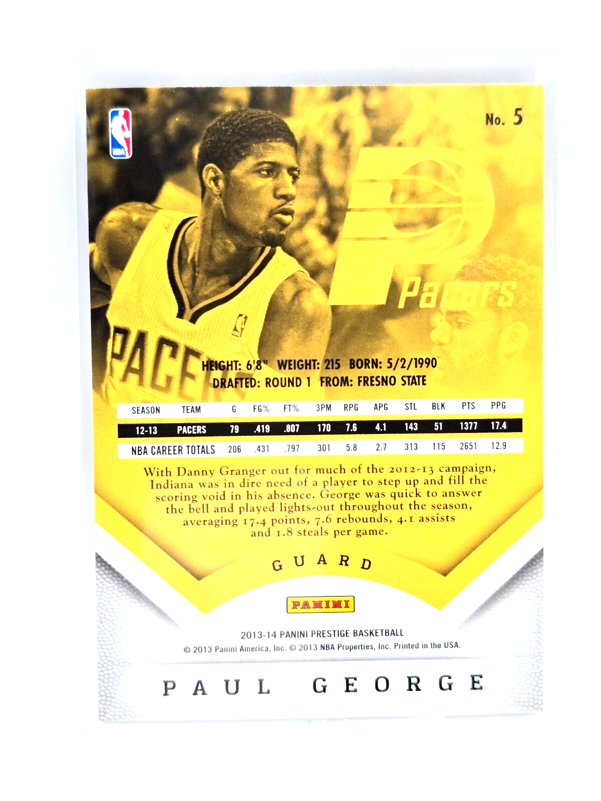 2013 Panini Prestige Paul George #5 – Indiana Pacers NBA Basketball Card