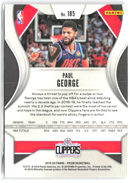 2019 Panini Prizm Paul George #185 Chrome – LA Clippers NBA Card