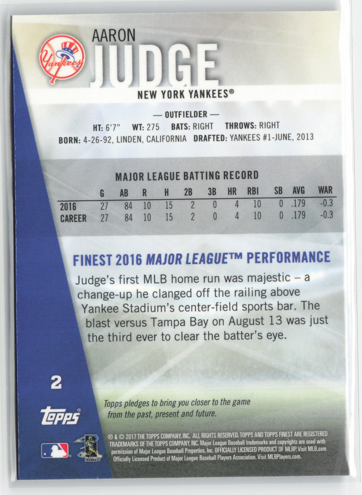 2017 Topps Finest Aaron Judge #2 Rookie New York Yankees Baseball