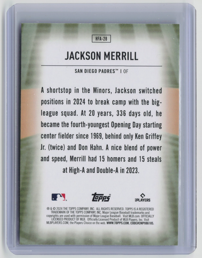 2024 Topps Update Jackson Merrill #HFA-28 Home Field Advantage RC Padres